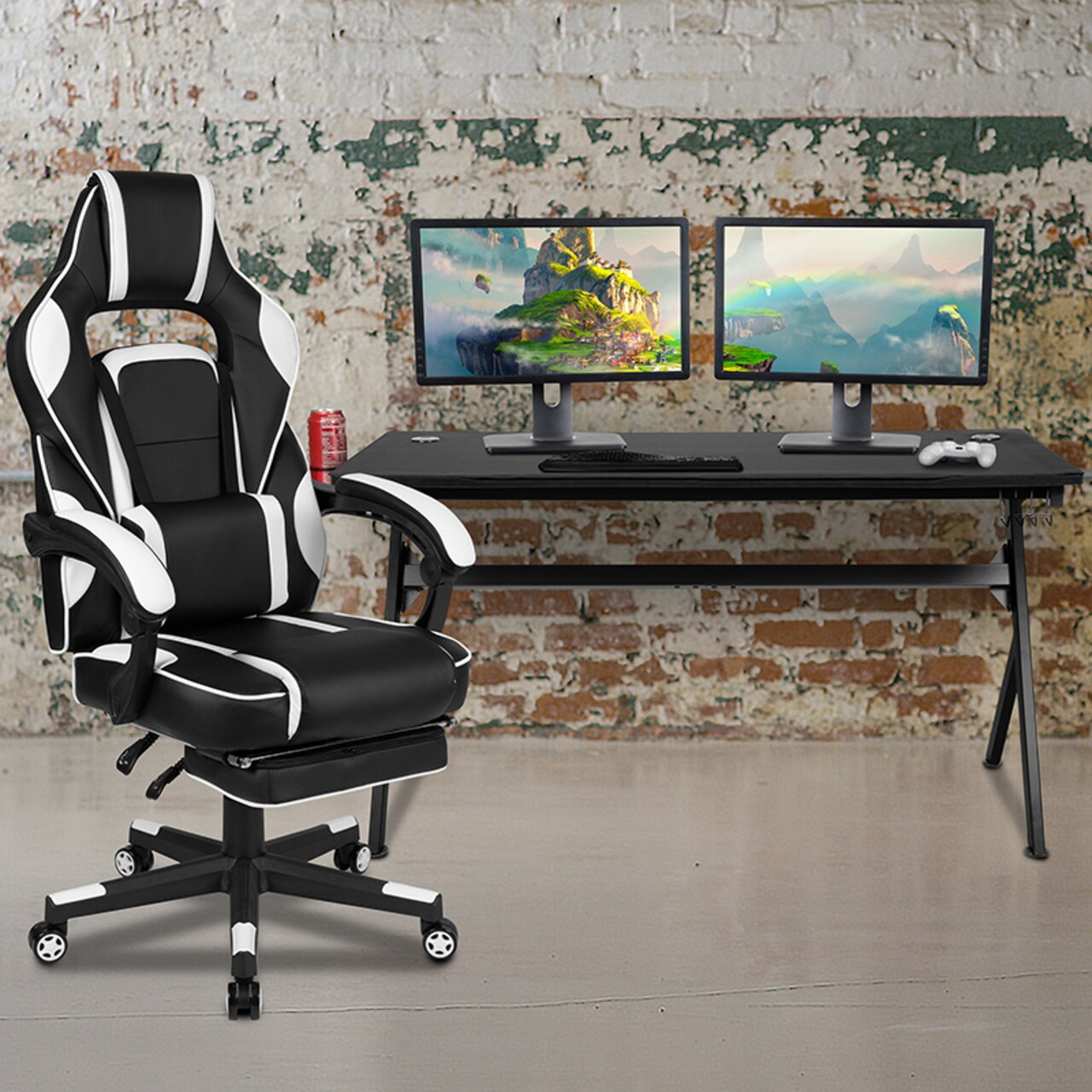 Flash Furniture Gaming Desk With Cup Holderheadphone Hookremovable Mousepad Top & White Reclining Backarms Gaming Chair With Footrest